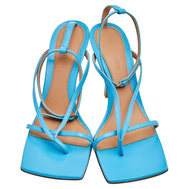 Pre Owned Bottega Veneta Blue Leather Stretch Ankle Strap Sandals Size 40