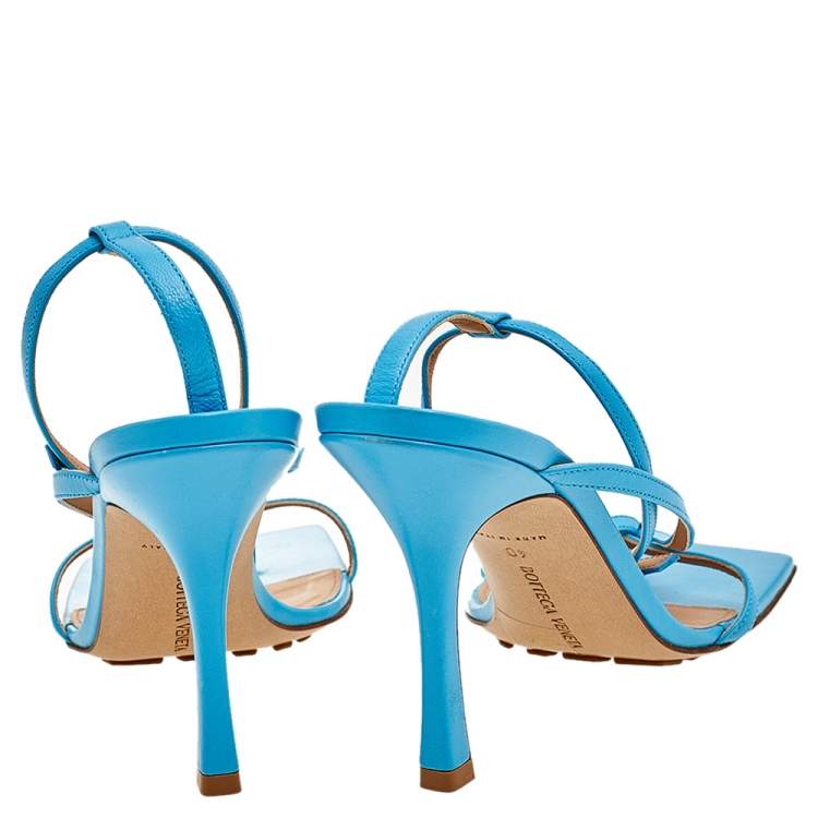 Pre Owned Bottega Veneta Blue Leather Stretch Ankle Strap Sandals Size 40