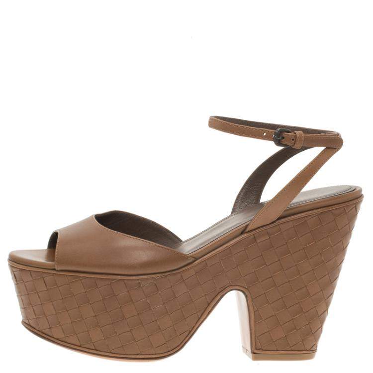 Pre Owned Bottega Veneta Brown Leather Intrecciato Platform Sandals Size 37.5