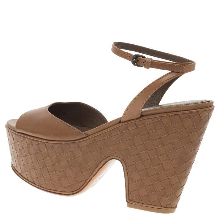 Pre Owned Bottega Veneta Brown Leather Intrecciato Platform Sandals Size 37.5