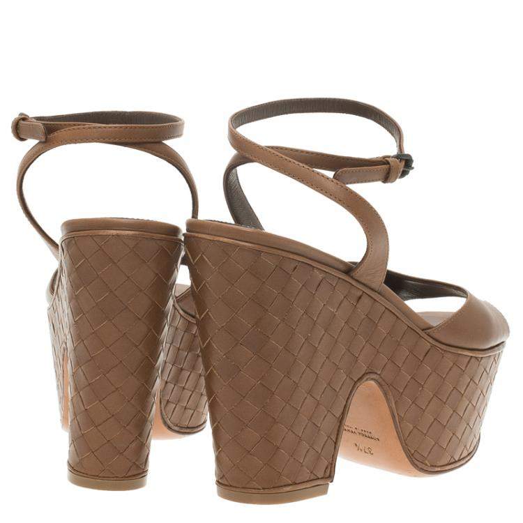 Pre Owned Bottega Veneta Brown Leather Intrecciato Platform Sandals Size 37.5