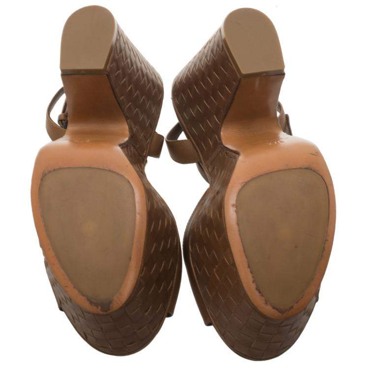 Pre Owned Bottega Veneta Brown Leather Intrecciato Platform Sandals Size 37.5