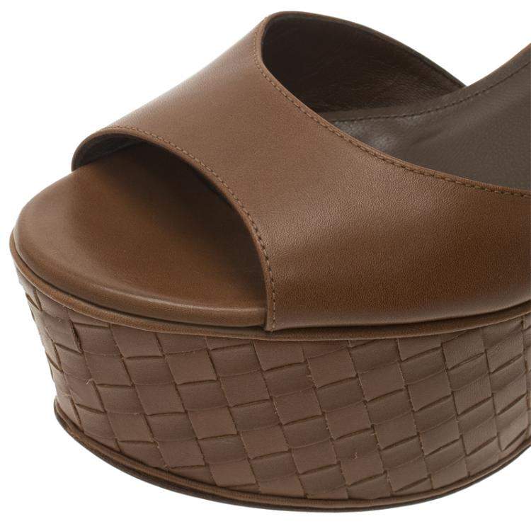 Pre Owned Bottega Veneta Brown Leather Intrecciato Platform Sandals Size 37.5