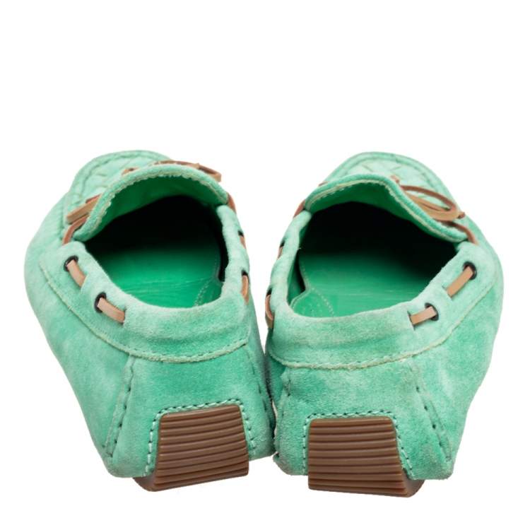 Pre Owned Bottega Veneta Green/Brown Intrecciato Suede Bow Slip-On Loafers Size 36