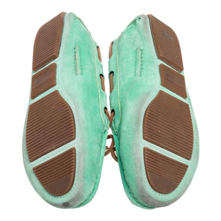 Pre Owned Bottega Veneta Green/Brown Intrecciato Suede Bow Slip-On Loafers Size 36
