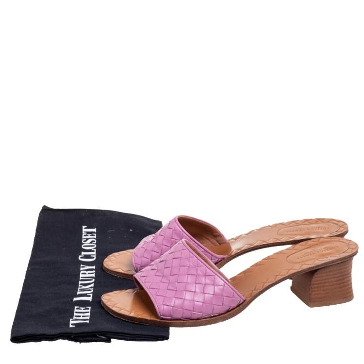 Pre Owned Bottega Veneta Pink Intrecciato Leather Slide Sandals Size 40