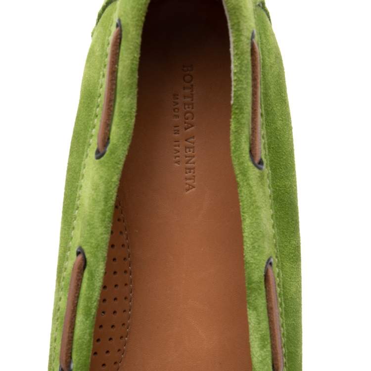 Pre Owned Bottega Veneta Green Intrecciato Suede Bow Slip on Loafers Size 41