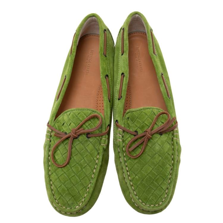 Pre Owned Bottega Veneta Green Intrecciato Suede Bow Slip on Loafers Size 41