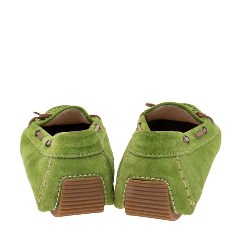 Pre Owned Bottega Veneta Green Intrecciato Suede Bow Slip on Loafers Size 41