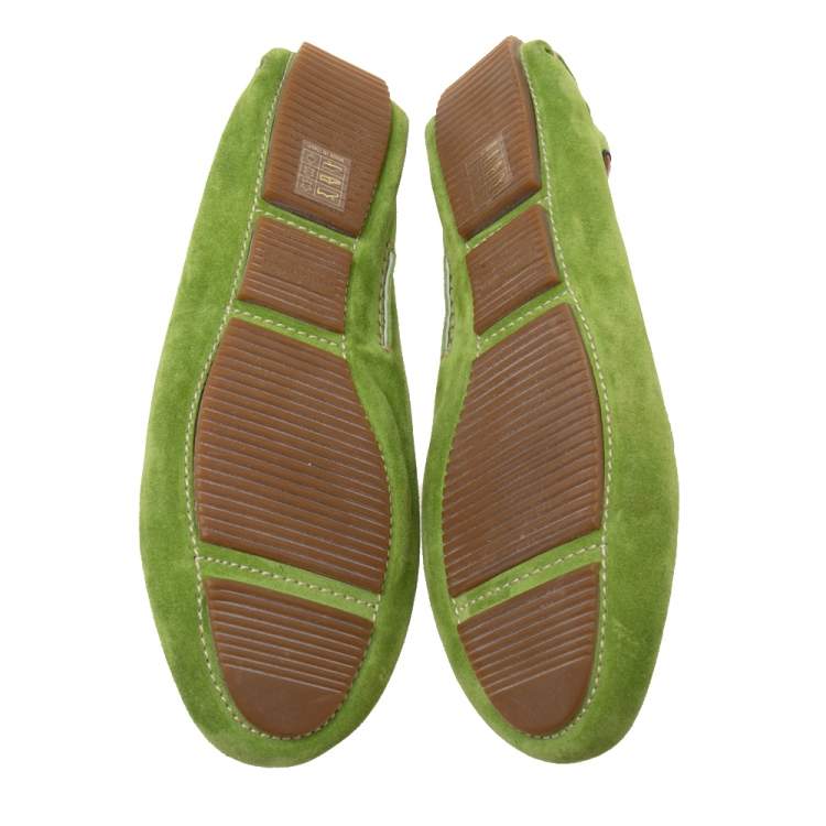 Pre Owned Bottega Veneta Green Intrecciato Suede Bow Slip on Loafers Size 41