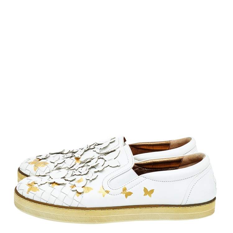 Pre Owned Bottega Veneta White Intrecciato Leather Butterfly Embellished Slip On Sneakers Size 37