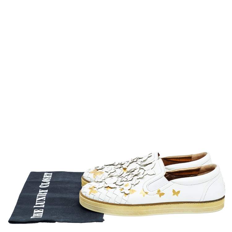 Pre Owned Bottega Veneta White Intrecciato Leather Butterfly Embellished Slip On Sneakers Size 37