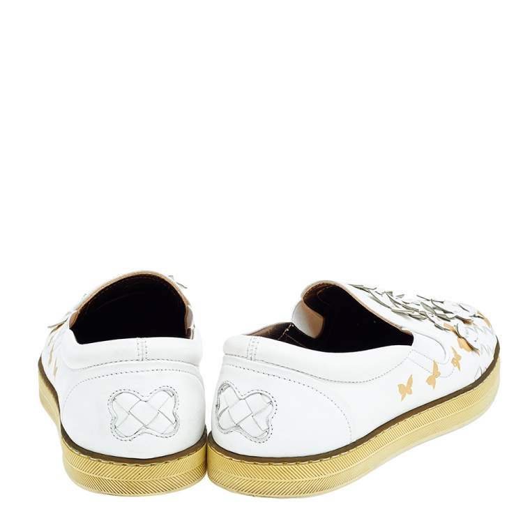 Pre Owned Bottega Veneta White Intrecciato Leather Butterfly Embellished Slip On Sneakers Size 37