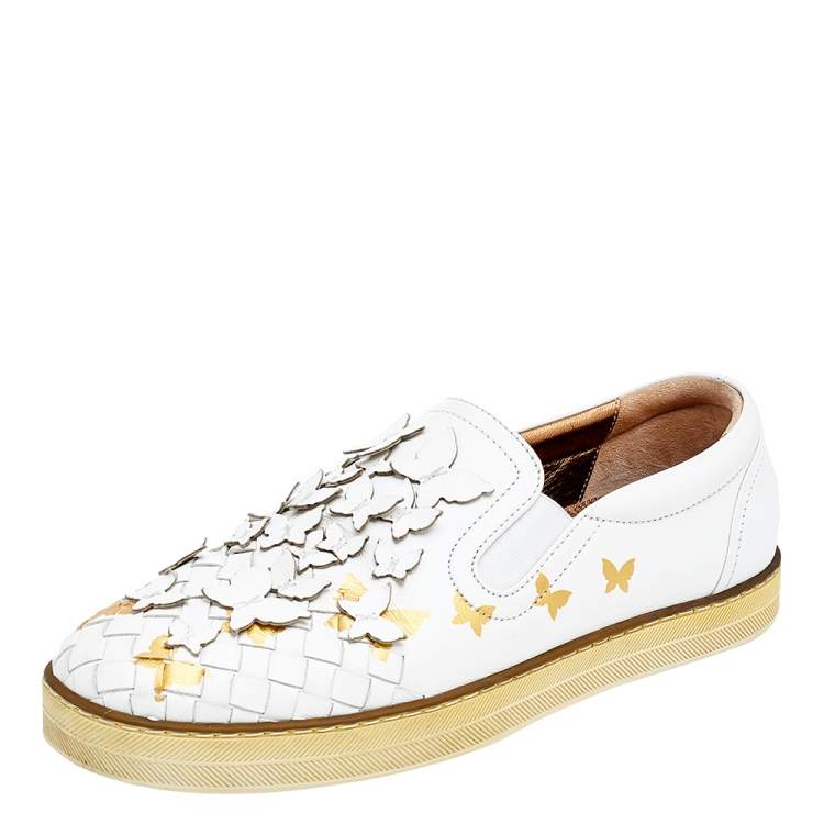 Pre Owned Bottega Veneta White Intrecciato Leather Butterfly Embellished Slip On Sneakers Size 37
