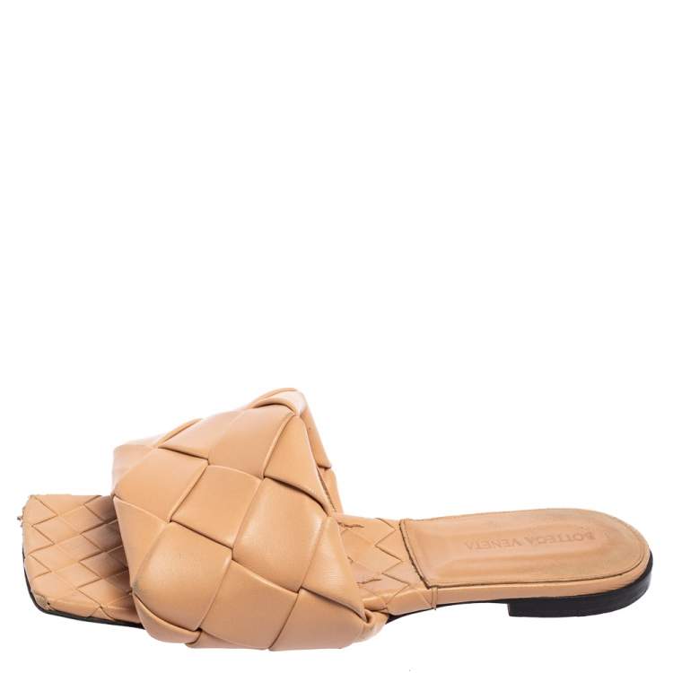 Pre Owned Bottega Beige Intrecciato Weave Leather Lido Flat Slides Size 39.5 