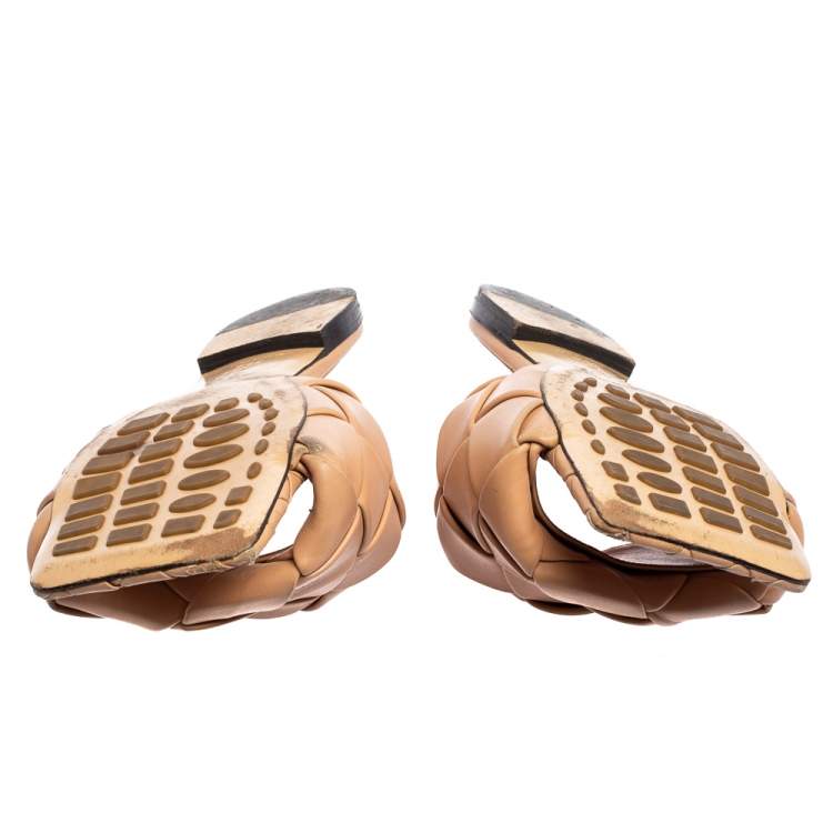 Pre Owned Bottega Beige Intrecciato Weave Leather Lido Flat Slides Size 39.5 