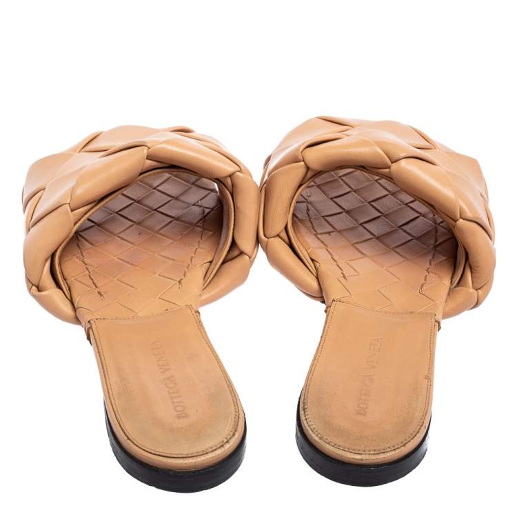 Pre Owned Bottega Beige Intrecciato Weave Leather Lido Flat Slides Size 39.5 