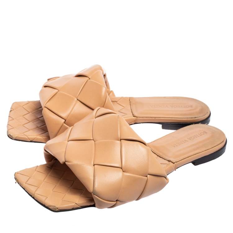 Pre Owned Bottega Beige Intrecciato Weave Leather Lido Flat Slides Size 39.5 