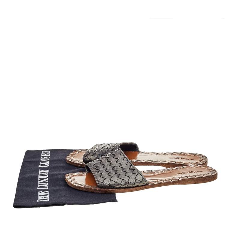 Pre Owned Bottega Veneta Metallic Intrecciato Leather Flat Slides Size 38