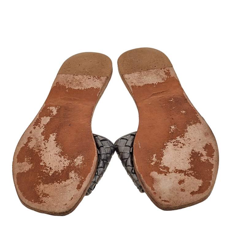 Pre Owned Bottega Veneta Metallic Intrecciato Leather Flat Slides Size 38