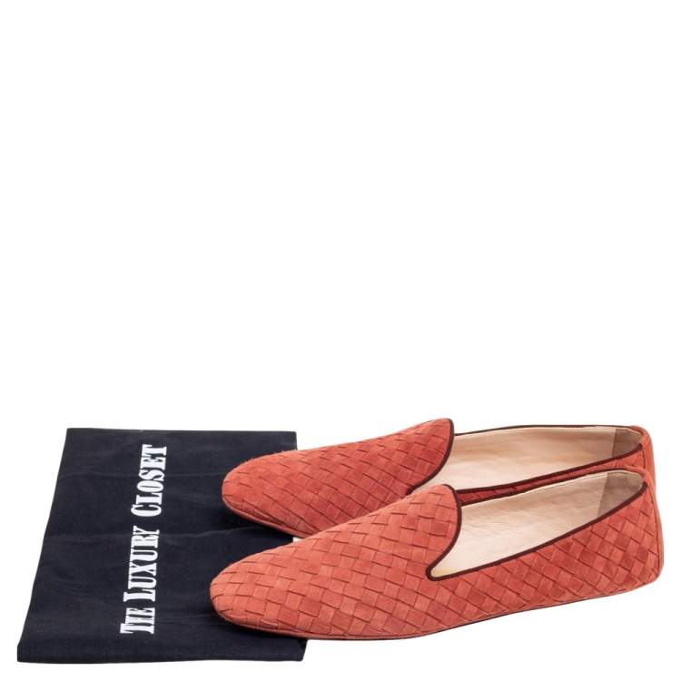 Pre Owned Bottega Veneta Orange Intrecciato Suede Smoking Slippers Size 39