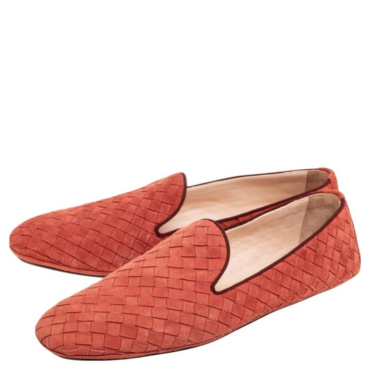 Pre Owned Bottega Veneta Orange Intrecciato Suede Smoking Slippers Size 39