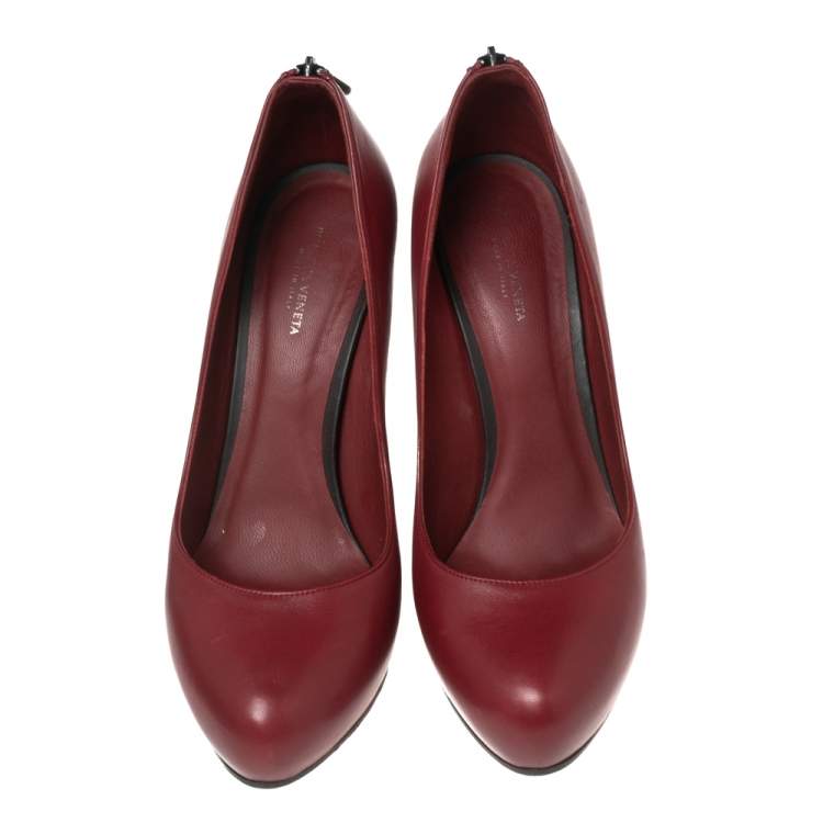 Pre Owned Bottega Veneta Red Leather Zipper Detail  Pumps Size 38.5