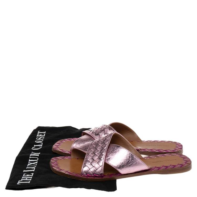 Pre Owned Bottega Veneta Pink Intrecciato Leather Crisscross Ravello Sandals Size 38