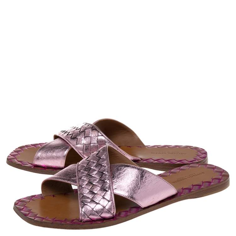 Pre Owned Bottega Veneta Pink Intrecciato Leather Crisscross Ravello Sandals Size 38