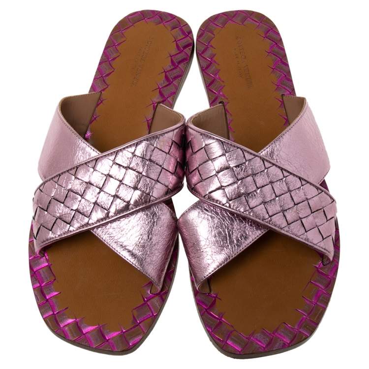Pre Owned Bottega Veneta Pink Intrecciato Leather Crisscross Ravello Sandals Size 38