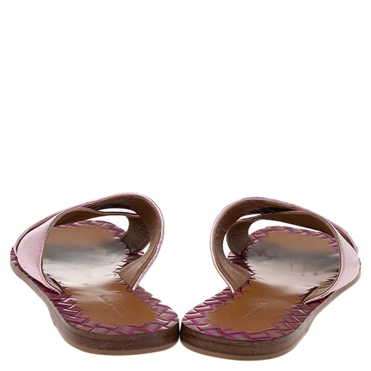 Pre Owned Bottega Veneta Pink Intrecciato Leather Crisscross Ravello Sandals Size 38