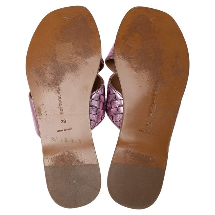 Pre Owned Bottega Veneta Pink Intrecciato Leather Crisscross Ravello Sandals Size 38