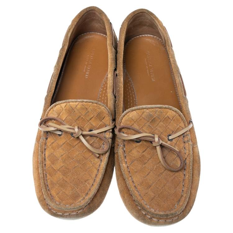 Pre Owned Bottega Veneta Brown Intrecciato Suede Bow Slip-On Loafers Size 37