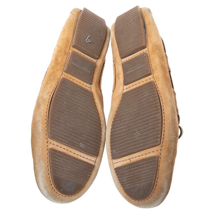 Pre Owned Bottega Veneta Brown Intrecciato Suede Bow Slip-On Loafers Size 37