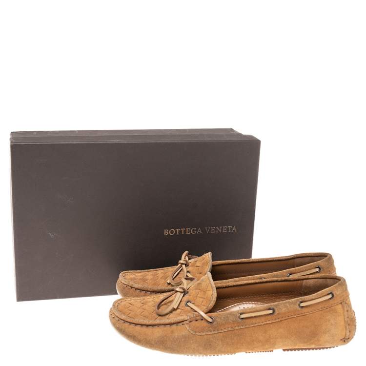 Pre Owned Bottega Veneta Brown Intrecciato Suede Bow Slip-On Loafers Size 37