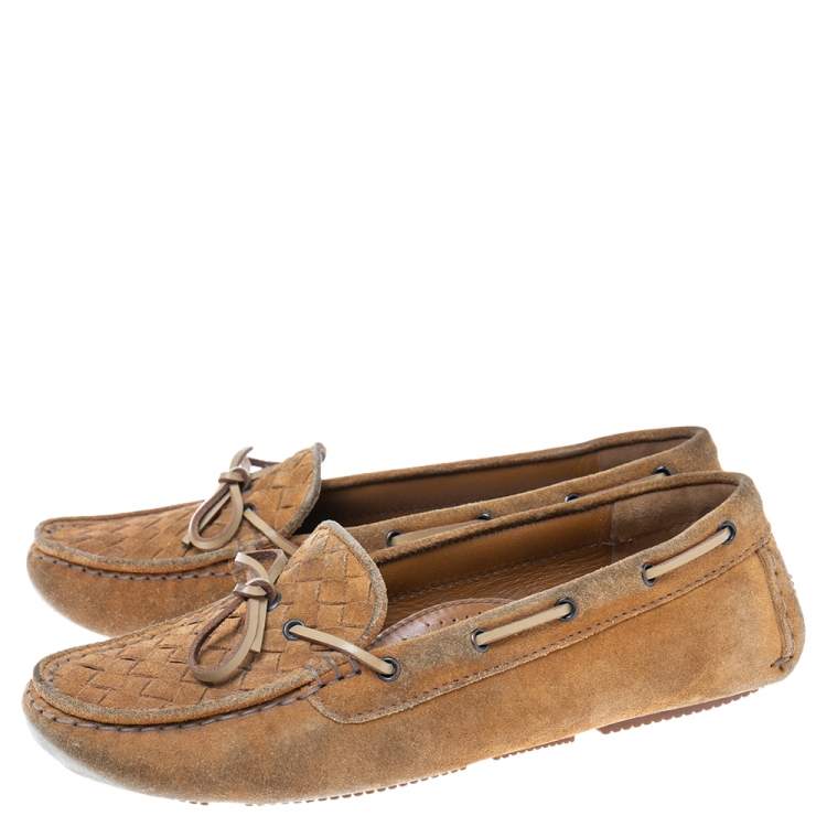 Pre Owned Bottega Veneta Brown Intrecciato Suede Bow Slip-On Loafers Size 37