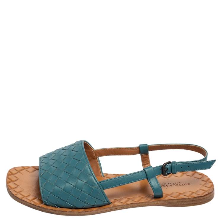 Pre Owned Bottega Veneta Blue Intreciatto Leather Slingback Sandals Size 35