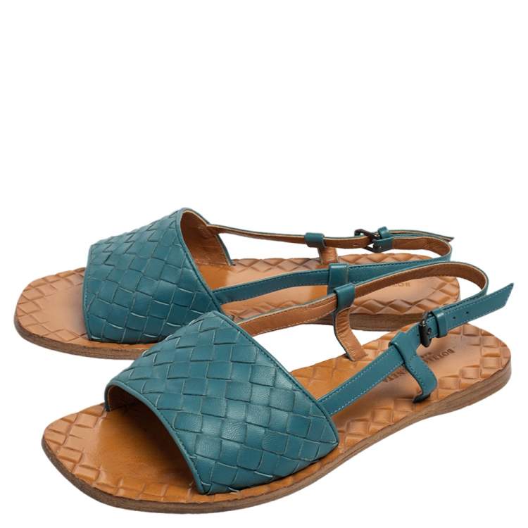 Pre Owned Bottega Veneta Blue Intreciatto Leather Slingback Sandals Size 35
