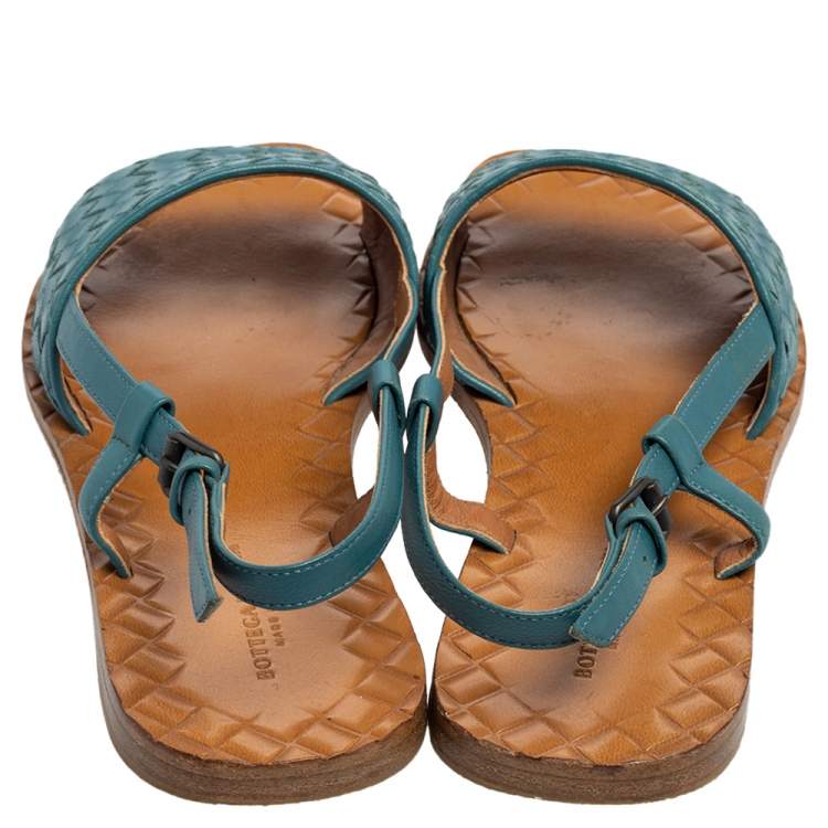Pre Owned Bottega Veneta Blue Intreciatto Leather Slingback Sandals Size 35