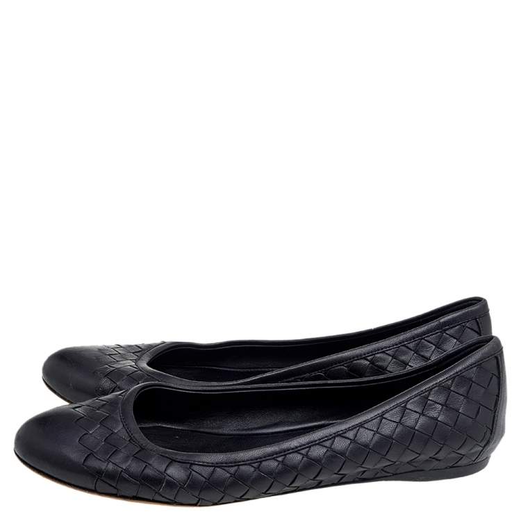 Pre Owned Bottega Veneta Black Intrecciato Leather Ballet Flats Size 37