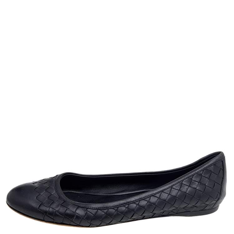 Pre Owned Bottega Veneta Black Intrecciato Leather Ballet Flats Size 37