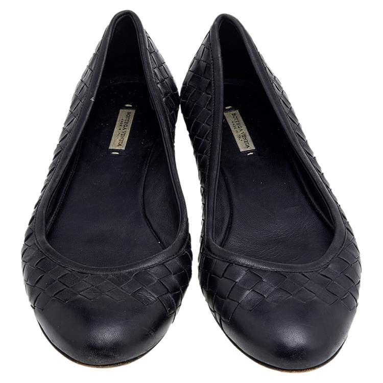 Pre Owned Bottega Veneta Black Intrecciato Leather Ballet Flats Size 37