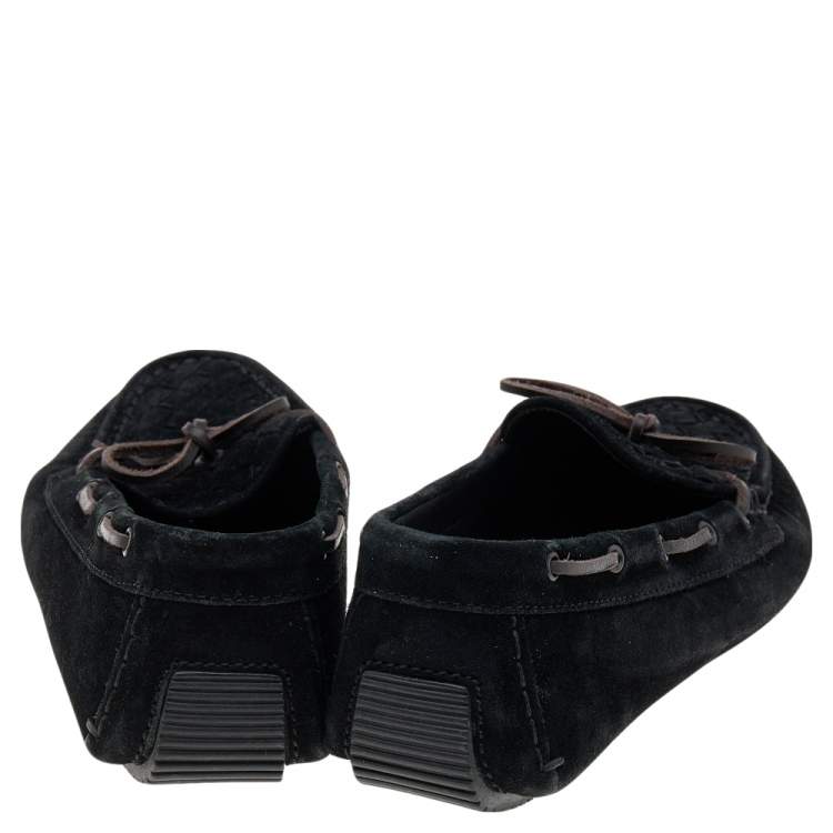 Pre Owned Bottega Veneta Black Intrecciato Suede Bow Slip On Loafers Size 38.5