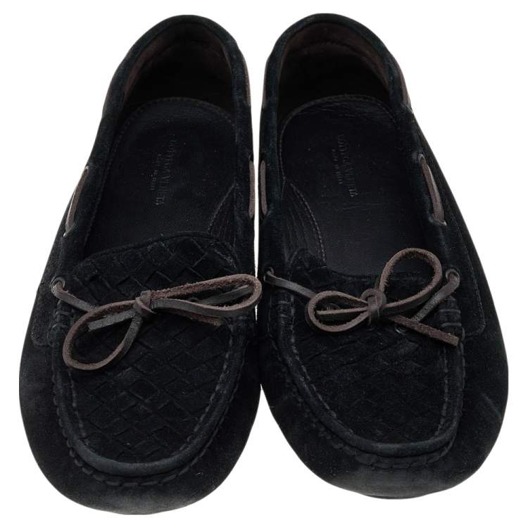 Pre Owned Bottega Veneta Black Intrecciato Suede Bow Slip On Loafers Size 38.5