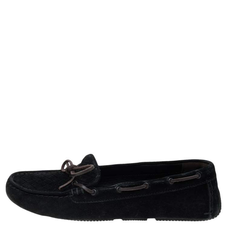Pre Owned Bottega Veneta Black Intrecciato Suede Bow Slip On Loafers Size 38.5