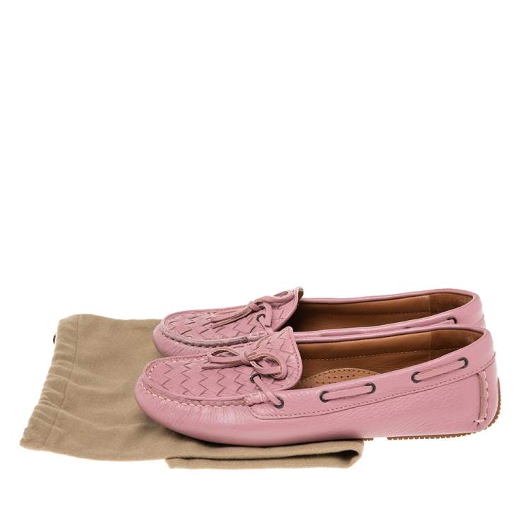 Pre Owned Bottega Veneta Pink Intrecciato Leather Bow Slip On Loafers Size 38