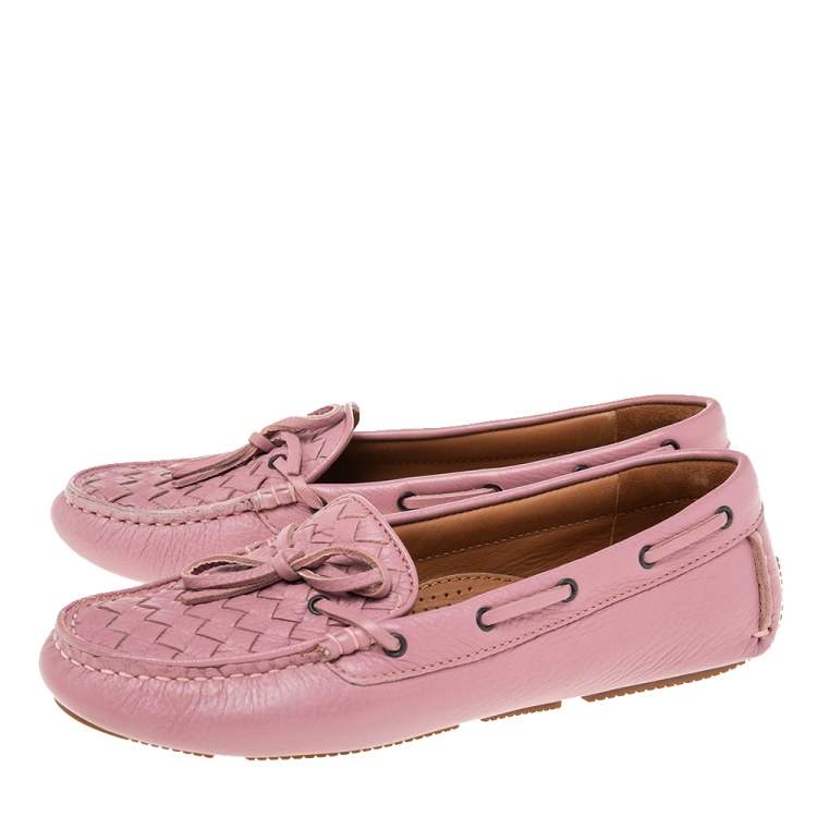 Pre Owned Bottega Veneta Pink Intrecciato Leather Bow Slip On Loafers Size 38