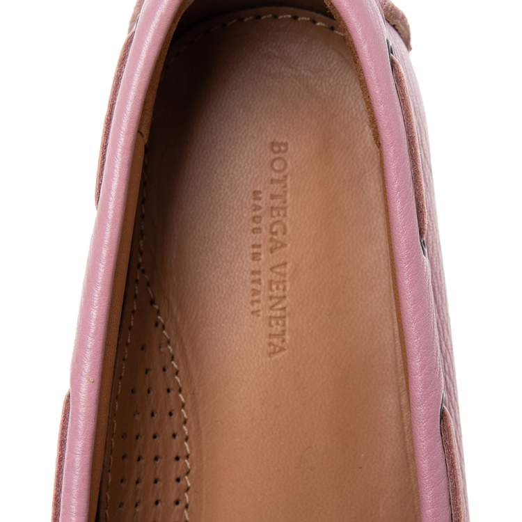 Pre Owned Bottega Veneta Pink Intrecciato Leather Bow Slip On Loafers Size 38