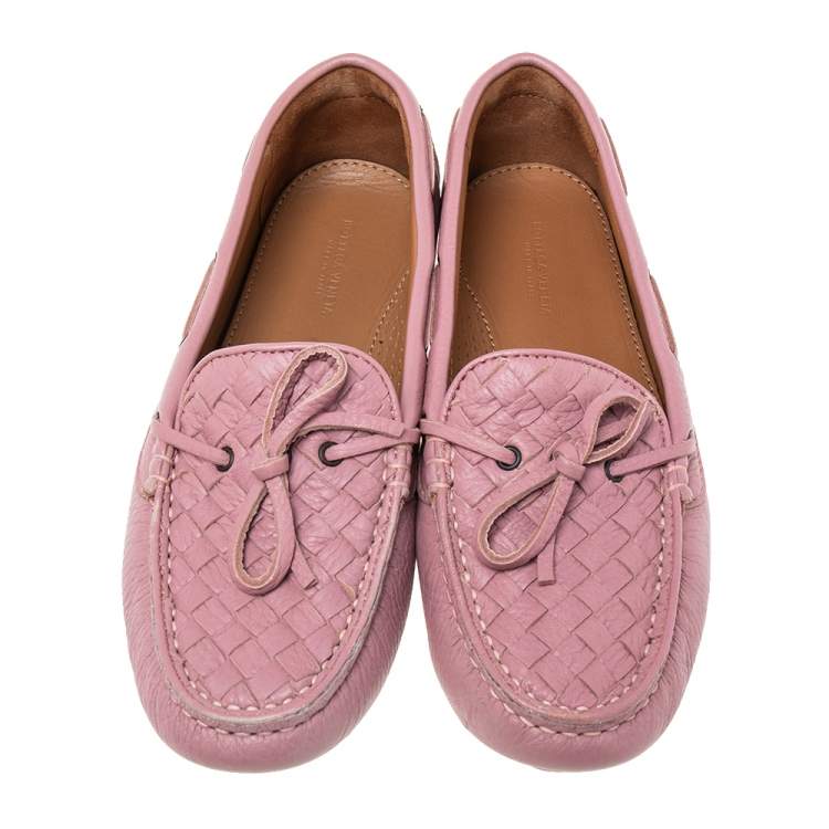 Pre Owned Bottega Veneta Pink Intrecciato Leather Bow Slip On Loafers Size 38