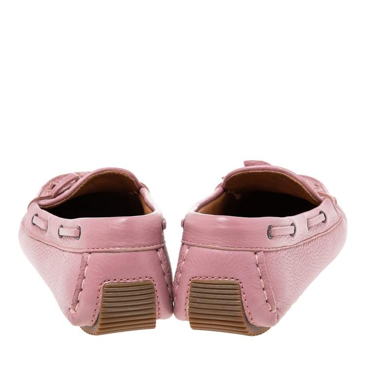 Pre Owned Bottega Veneta Pink Intrecciato Leather Bow Slip On Loafers Size 38